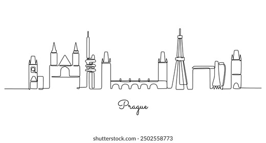 Continuous line drawing of Prague skyline, Czech Republic. A major European city with iconic architecture depicted in a simple linear style.