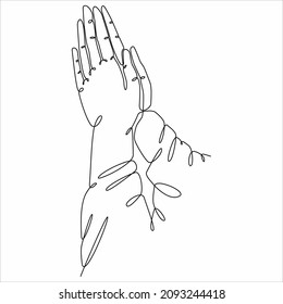 continuous line drawing of prayer hand. Hands palms together. Vector illustrations.