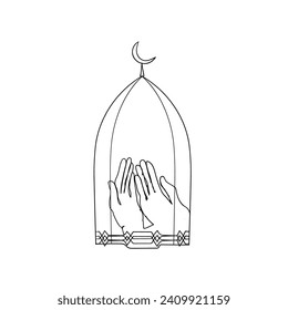 Continuous Line Drawing Prayer with Hands. Islamic Praying Concept Vector. Minimalist Design Mosque. Illustration Icon Vector