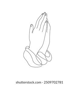 Continuous Line Drawing of  Рands in Prayer Trendy Minimalist Illustration. Holy One Line Abstract Concept. Hands Prayer Minimalist Contour Drawing. Vector EPS 10.	