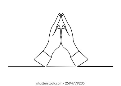 Continuous line drawing of praying hand of minimalist outline art vector design