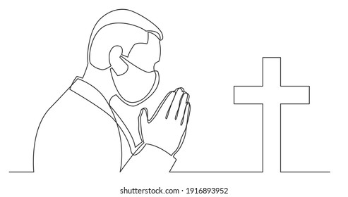 continuous line drawing of praying man with christian cross wearing face mask