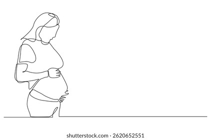 Continuous line drawing of pregnant mother touch belly sketch drawing editable stroke vector illustration