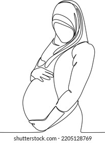 Continuous Line Drawing Of Pregnant Muslim Woman Vector Illustration