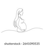 Continuous line drawing of pregnant woman. Single line illustration of expecting mother silhouette. Maternity and motherhood concept in continuous line art. Editable outline