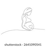 Continuous line drawing of pregnant woman. Single line illustration of expecting mother silhouette. Maternity and motherhood concept in continuous line art. Editable outline