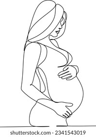 Línea Continua Dibujando Mujer Embarazada. Dibujo de una sola línea de mujer embarazada. Ilustración feliz de contorno minimalista de mamá