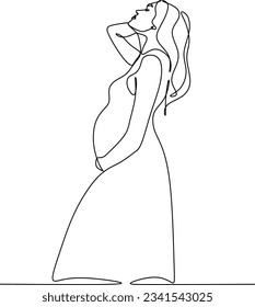 Continuous Line Drawing Pregnant Woman. Single Line Drawing of Pregnant Woman. Happy Mom Minimalist Contour Illustration