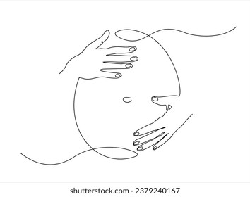 Dibujo continuo de una mujer embarazada. Un dibujo de una mujer embarazada. Vientre preñada. Ilustración minimalista de contorno de una madre feliz.