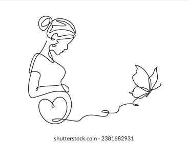 Continuous line drawing of a pregnant woman with butterfly. One line drawing of a pregnant woman. Pregnant belly with heart and butterfly. Minimalist contour illustration of a happy mother.