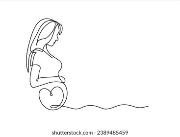 Continuous line drawing of a pregnant woman. One line drawing of a pregnant woman. Pregnant belly. Minimalist contour illustration of a happy mother.