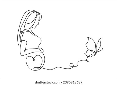 Dibujo continuo de una mujer embarazada con mariposa. Un dibujo de una mujer embarazada. Cabeza embarazada con corazón y mariposa. Ilustración minimalista de contorno de una madre feliz.