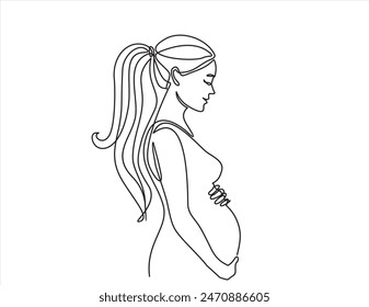 Continuous line drawing of a pregnant woman. One line drawing of a pregnant woman. Pregnant belly. Minimalist contour illustration of a happy mother.
