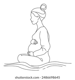 Continuous line drawing pregnant woman on white background. Single line drawing of pregnant woman. Happy Mom 