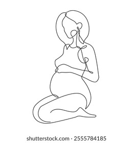 Continuous Line Drawing of Pregnant Woman Silhouette Sitting Pose. Pregnancy Female Figure Simple Line Art Illustration. Health Concept One Line Art. Vector Illustration. Not AI