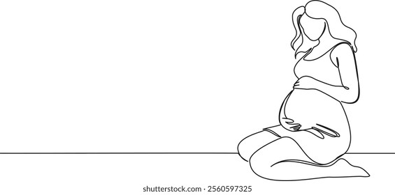 continuous line drawing of pregnant woman with hands on belly, line art vector illustration