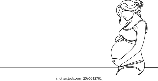 continuous line drawing of pregnant woman with holding her belly, line art vector illustration