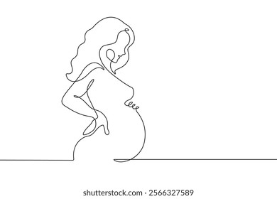 Continuous Line Drawing of Pregnant Woman. Pregnant Female Figure Simple Line Art Illustration. Health Concept One Line Art. Vector Hand Draw Illustration. Not AI