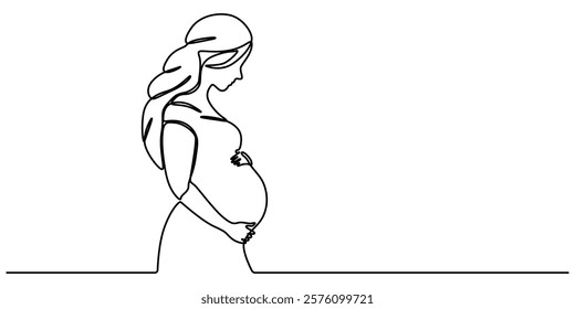 Continuous line drawing of a pregnant woman. One line drawing of a pregnant woman. Pregnant belly. Minimalist contour illustration of a happy mother, Pregnant Woman Continuous Line Icon,  Concept for.