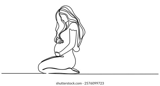 Continuous line drawing of a pregnant woman. One line drawing of a pregnant woman. Pregnant belly. Minimalist contour illustration of a happy mother, Pregnant Woman Continuous Line Icon,  Concept for.