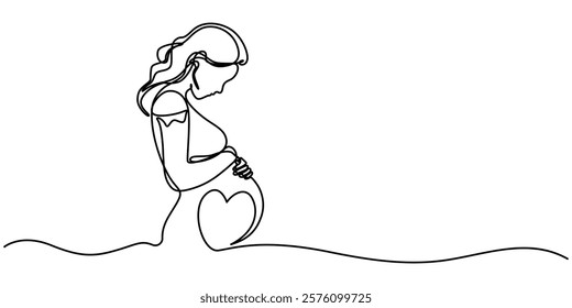 Continuous line drawing of a pregnant woman. One line drawing of a pregnant woman. Pregnant belly. Minimalist contour illustration of a happy mother, Pregnant Woman Continuous Line Icon,  Concept for.