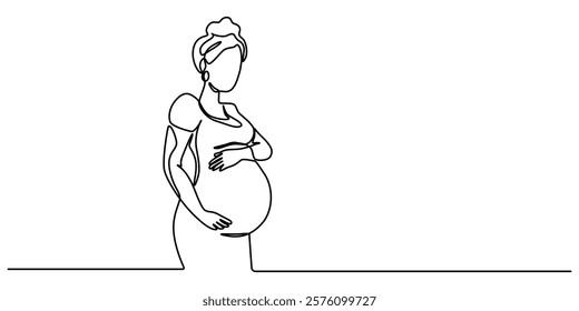 Continuous line drawing of a pregnant woman. One line drawing of a pregnant woman. Pregnant belly. Minimalist contour illustration of a happy mother, Pregnant Woman Continuous Line Icon,  Concept for.