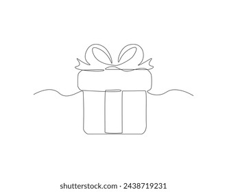 Continuous Line Drawing Of Present Box With Ribbon And Bow. One Line Of Gift Box. Present Box Continuous Line Art. Editable Outline.