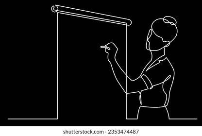 continuous line drawing of presenter drawing on presentation screen