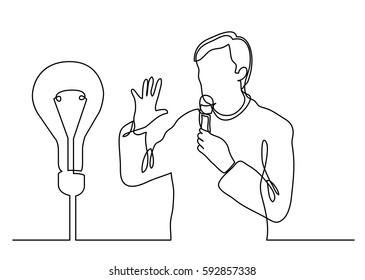 dibujo de línea continua del presentador hablando de una nueva idea