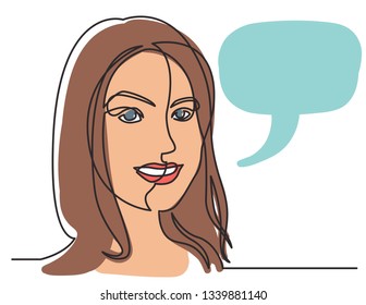 continuous line drawing of pretty smiling woman on white background