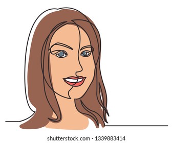 continuous line drawing of pretty smiling woman on white background