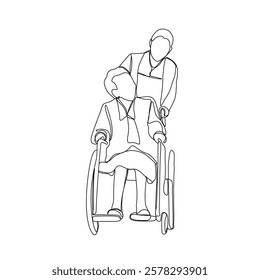 Continuous line drawing of professional caregiver assisting senior man or woman in wheelchair. Wheelchair disability, rehabilitation line art.