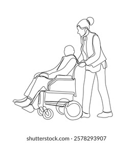 Continuous line drawing of professional caregiver assisting senior man or woman in wheelchair. Wheelchair disability, rehabilitation line art.