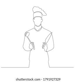 continuous line drawing of professional chef man on white background