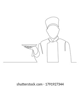 continuous line drawing of professional chef man on white background