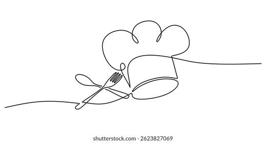 Continuous line drawing of a professional chef symbol. a tall hat with spoon and fork emblems. Vector illustration hand drawn.