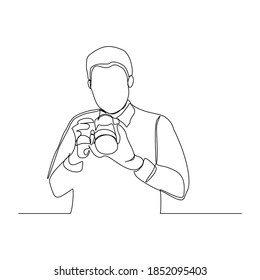 Continuous line drawing of professional man photographer take picture use camera. One line art concept of photography. Vector illustration