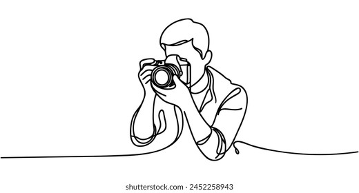 Dibujo de línea continua del hombre profesional fotógrafo tomar foto utilizar la cámara. Concepto de arte de una línea de la Fotografía. Ilustración vectorial.