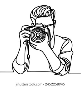 Continuous line drawing of professional man photographer take picture use camera. One line art concept of photography. Vector illustration.