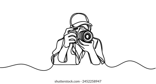 Continuous line drawing of professional man photographer take picture use camera. One line art concept of photography. Vector illustration.