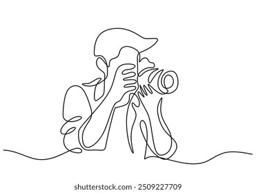 Desenho de linha contínua de um fotógrafo profissional com uma câmera. Representa o conceito de fotografia em um design minimalista.