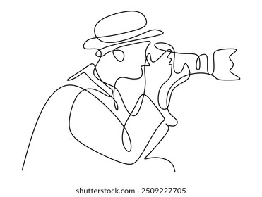 Desenho de linha contínuo de um fotógrafo profissional usando uma câmera. Conceito de fotografia em um estilo de ilustração vetorial minimalista.