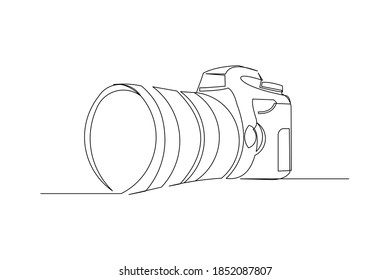 Dibujo continuo en línea de un dispositivo profesional de cámara fotográfica. Ilustración del vector