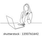 continuous line drawing of professional young business woman using mobile digital tablet computer work and writing work plan on personal notebook isolated on white background