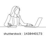 continuous line drawing of professional young business woman using mobile digital tablet computer work and writing work plan on personal notebook isolated on white background