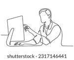 continuous line drawing of professional young business man using digital mobile phone tablet computer working and writing work plan in personal notebook isolated on white background