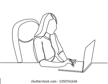 continuous line drawing of professional young business woman using mobile digital tablet computer work and writing work plan on personal notebook isolated on white background