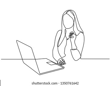 continuous line drawing professional young business woman using mobile digital tablet computer work   writing work plan personal notebook isolated white background