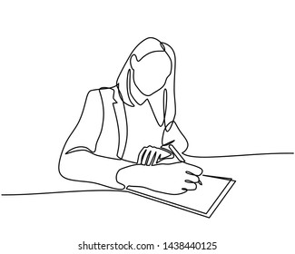 continuous line drawing of professional young business woman using mobile digital tablet computer work and writing work plan on personal notebook isolated on white background