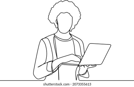 continuous line drawing of professional young business woman using mobile digital tablet computer work and writing work plan on personal notebook isolated on white background